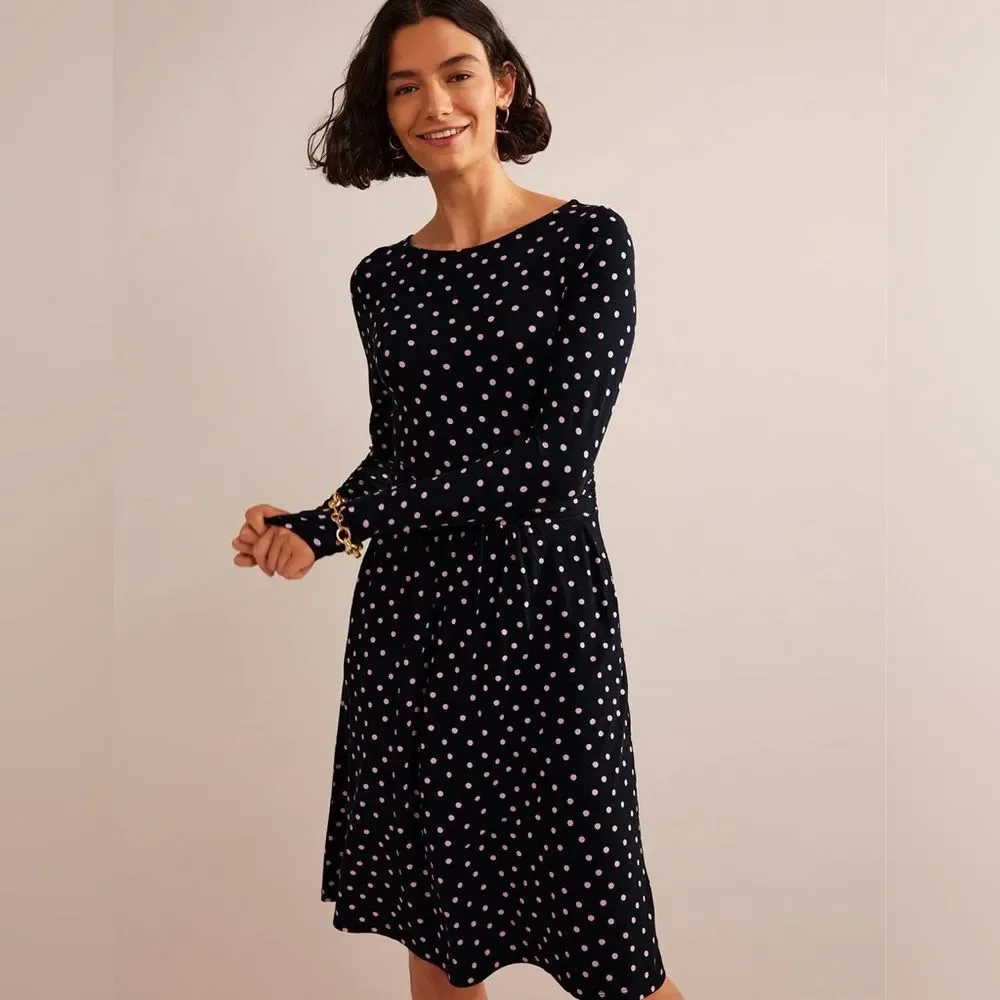 NEW Boden Abigail Jersey Dress Long Sleeve Black Milkshake Pink Spot 6 Petite